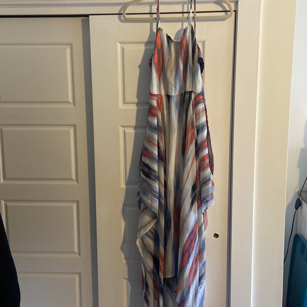 Red/white/blue Ikat print backless dress